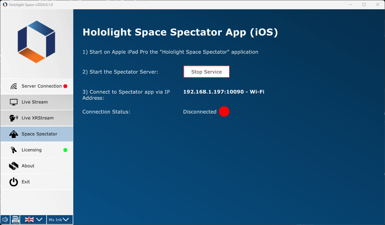 Screenshot of Hololight Space on Windows computer with sever connection tab selected and connection status showing that it is disconnected.