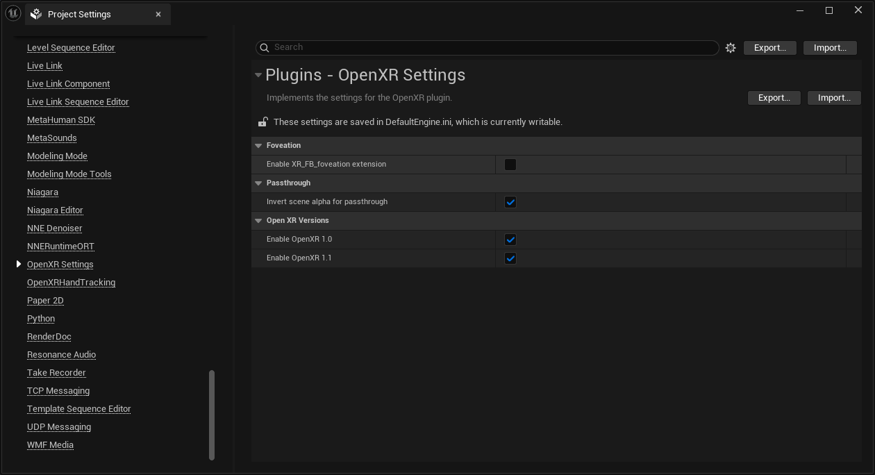 unreal project settings plugins openxr settings passthrough invert scene alpha for passthrough