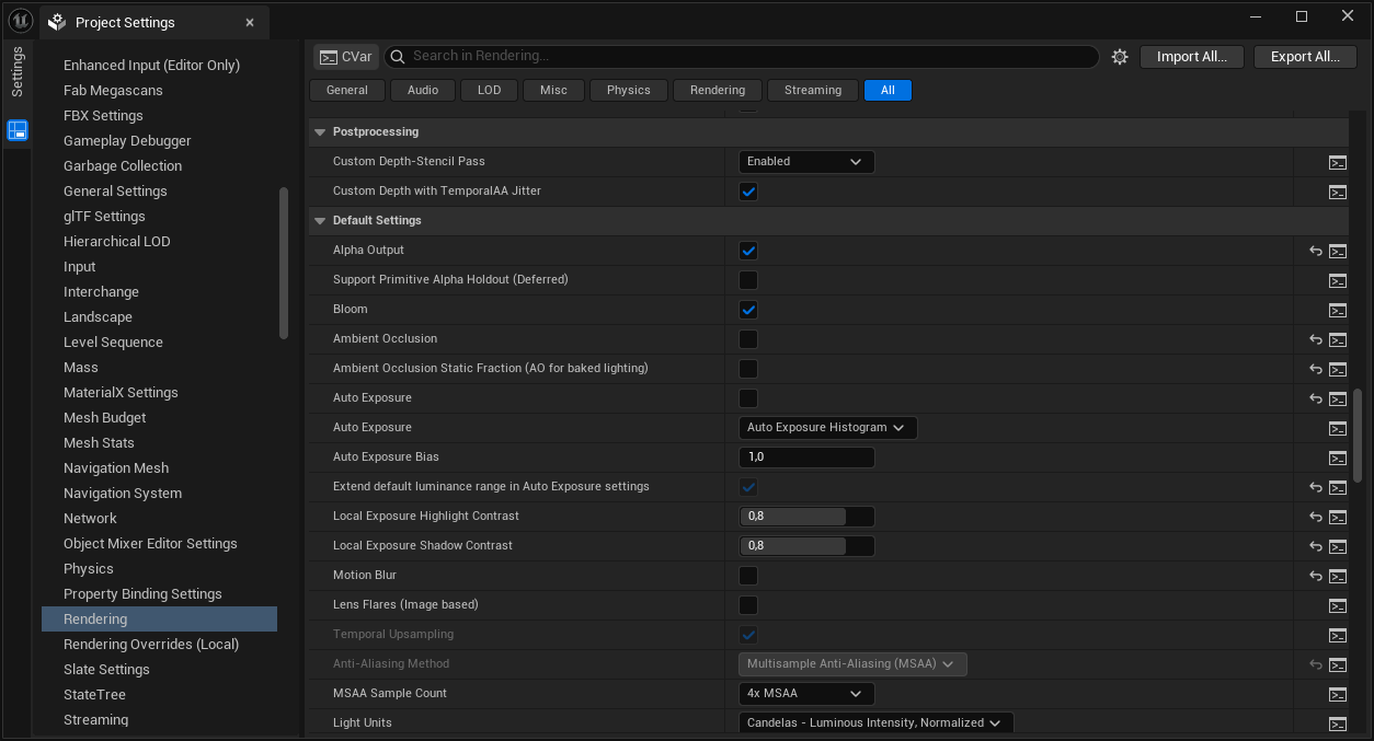 unreal project settings rendering default settings