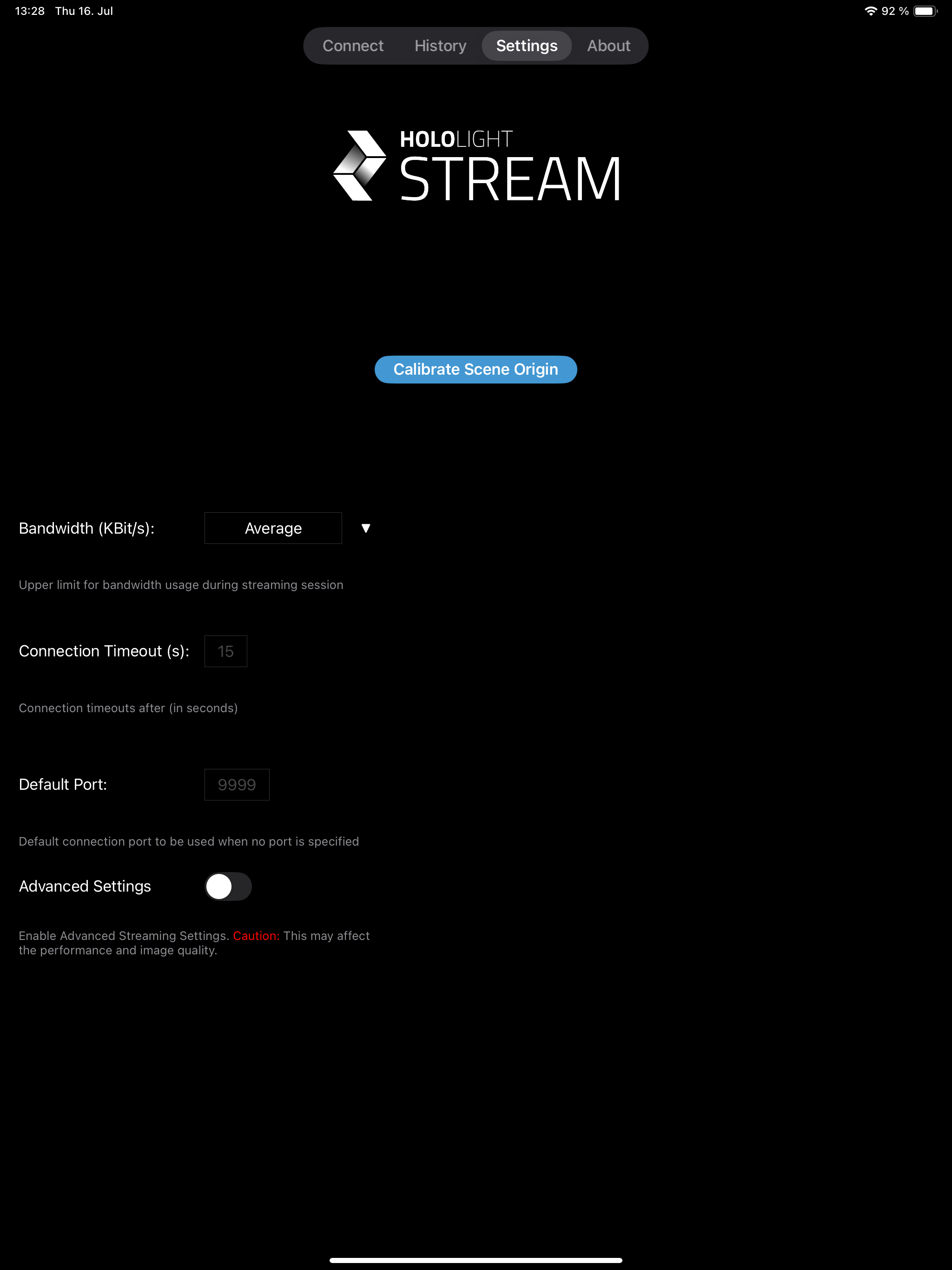 hololight stream client apple ipad settings