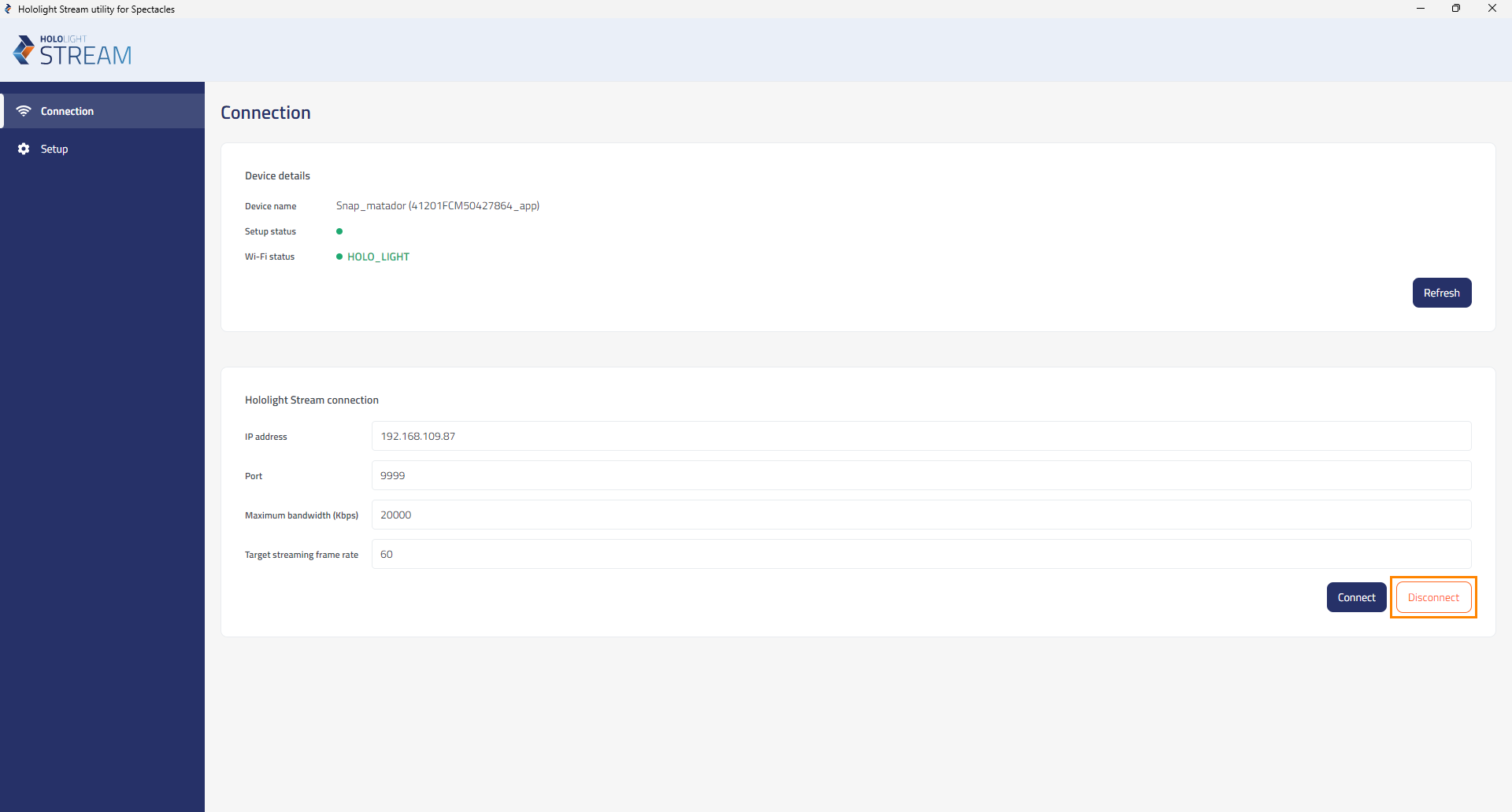 hololight stream client spectacles utility connection deviceconnected disconnect mark disconnect