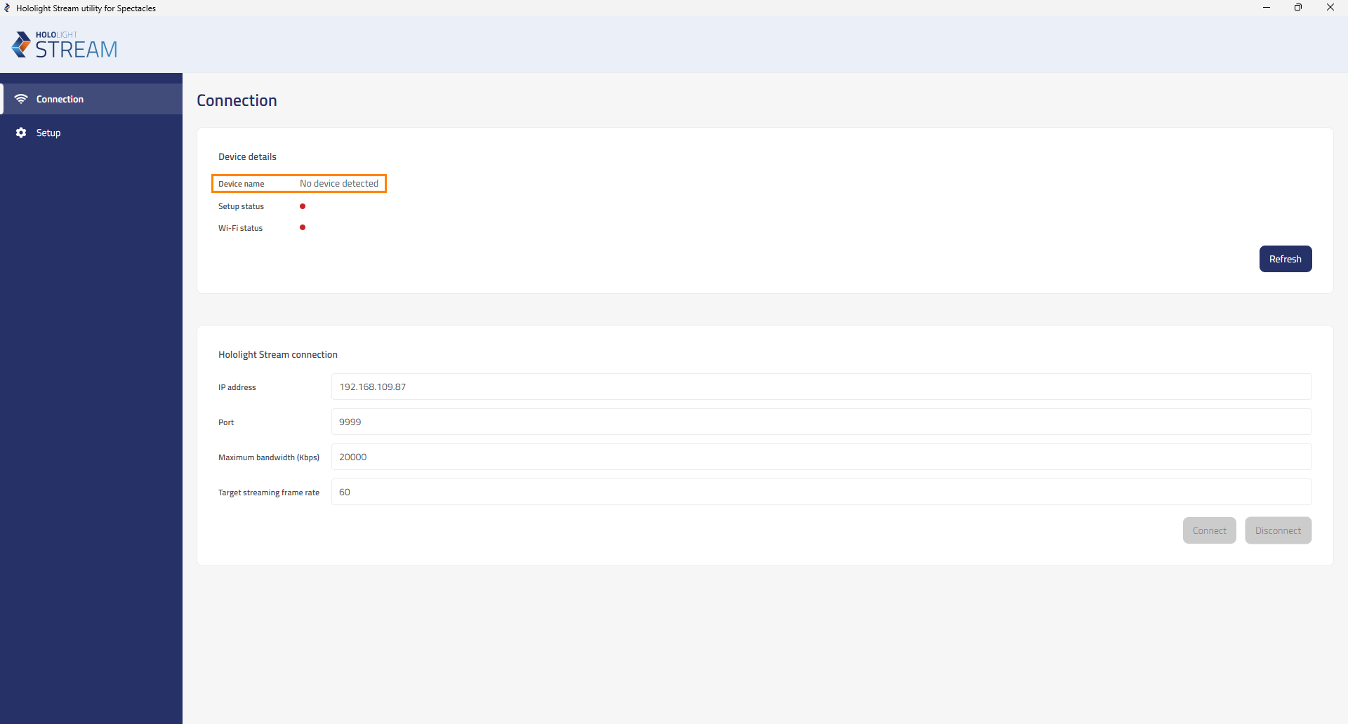 hololight stream client spectacles utility connection mark nodevicedetected