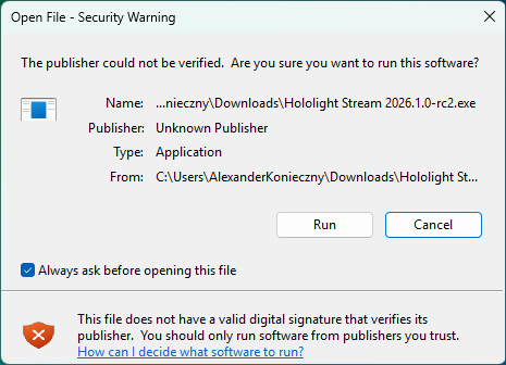 hololight stream installer security warning