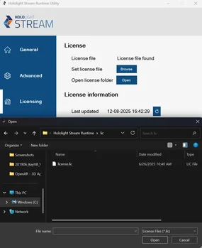 Screenshot of Hololight Stream Runtime utility and File Explorer on Windows