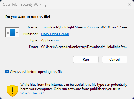 hololight stream runtime installer security warning