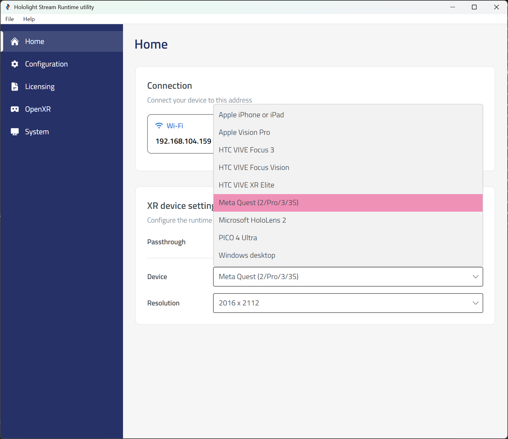 Screenshot of selecting a device with the Hololight Stream Runtime utility on a Windows computer
