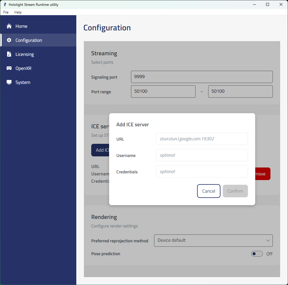 hololight stream runtime utility ice server add
