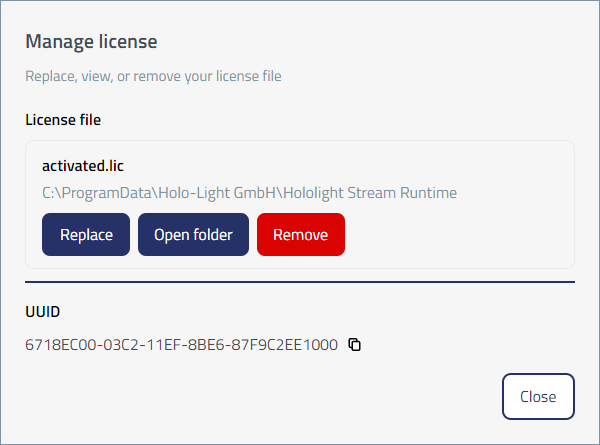 hololight stream runtime utility manage license active