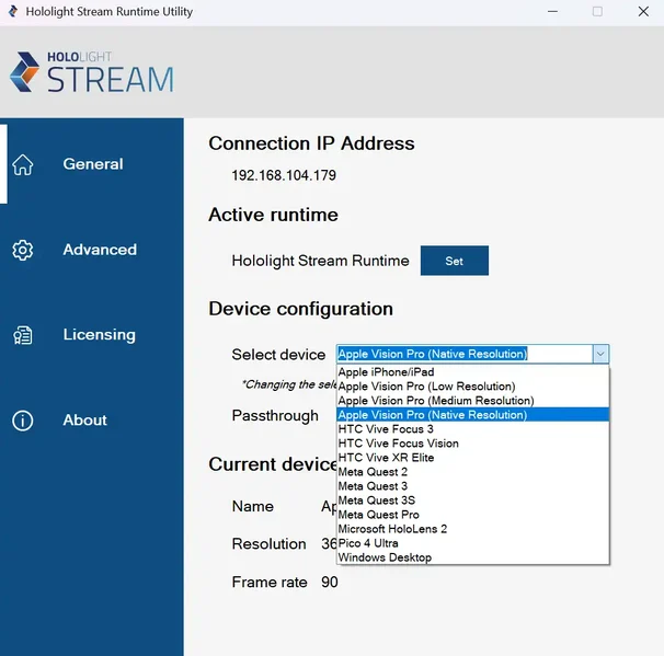 Screenshot of selecting a device with the Hololight Stream Runtime utility on a Windows computer