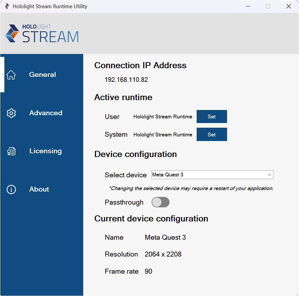 Screenshot of General screen on Hololight Stream Runtime utility on Windows