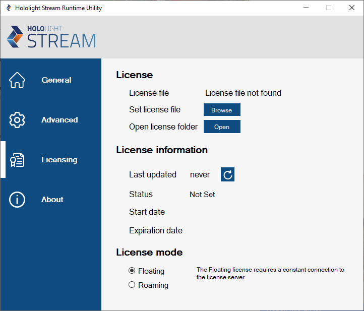 Screenshot of Hololight Stream Runtime utility