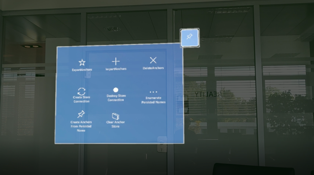 Screenshot from Microsoft Hololens 2 running Hololight Stream Client of spatial anchors control panel.