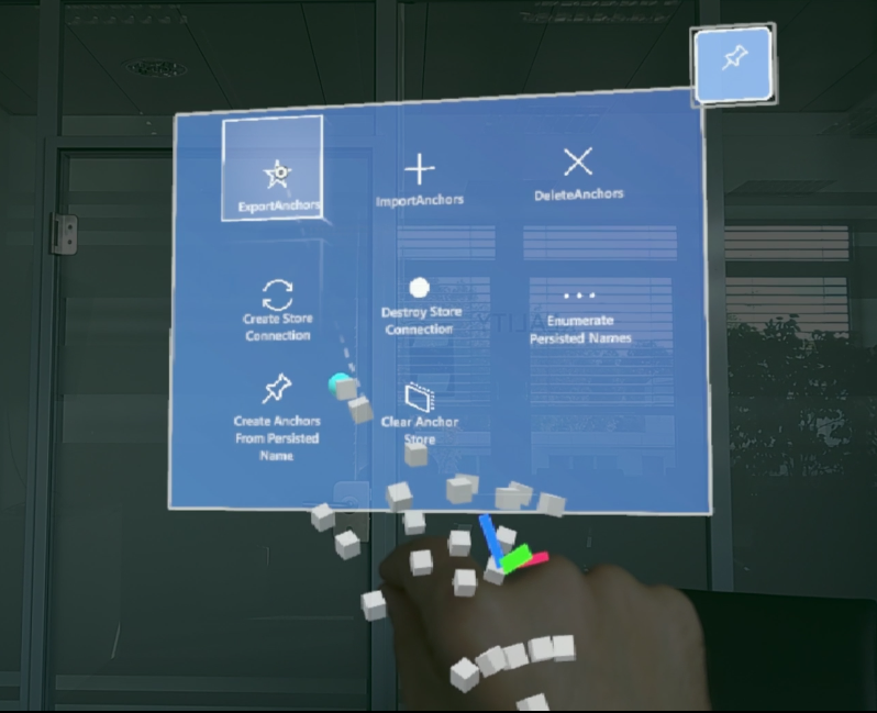 Screenshot from Microsoft Hololens 2 running Hololight Stream Client of user on the spatial anchors control panel selecting export anchors.