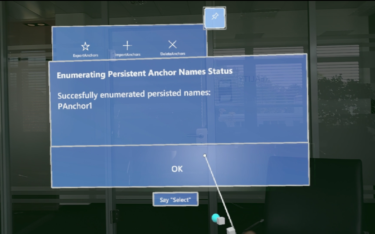 Screenshot from Microsoft Hololens 2 running Hololight Stream Client of panel saying that the enumeration of persisten anchors was successful.