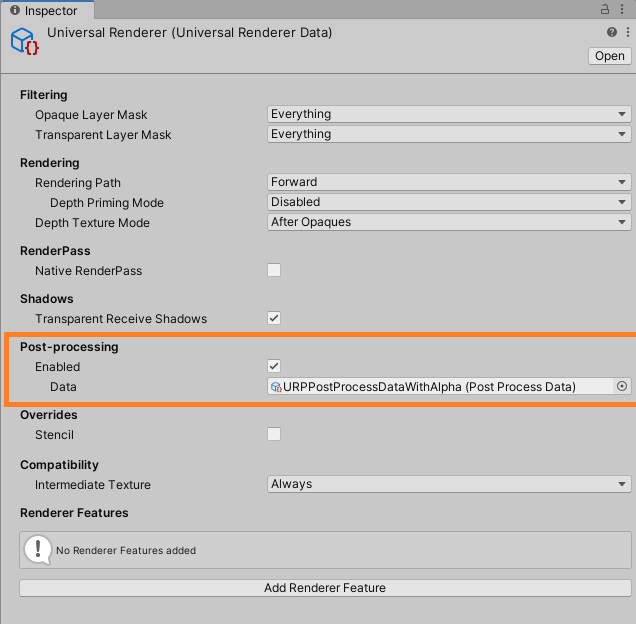 Screenshot of Unity Editor Inspector panel while Universal Renderer is selected. The post-processing section is highlighted.