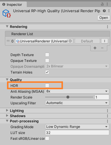 Screenshot of Unity Editor Inspector panel while  UniversalRP-High Quality is selected. The HDR checkbox is highlighted.