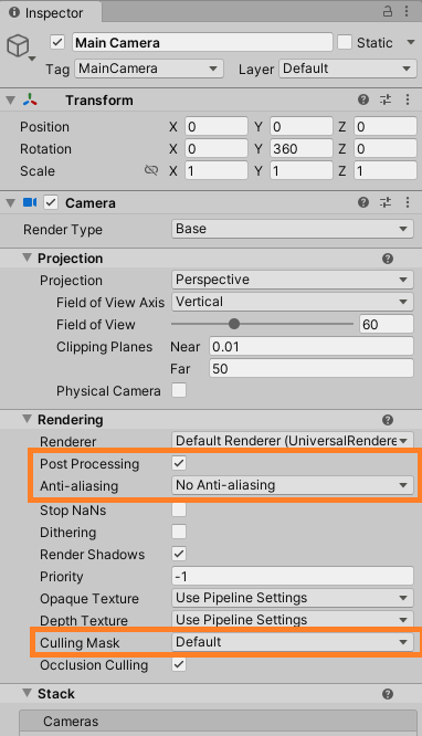 Screenshot of Unity Editor Inspector panel while Main Camera is selected. The post processing, anti-aliasing, and culling mask options are highlighted.