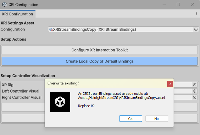 Screenshot of Unity Editor Hololight Stream XRI configuration window with user creating a local copy of default bindings."