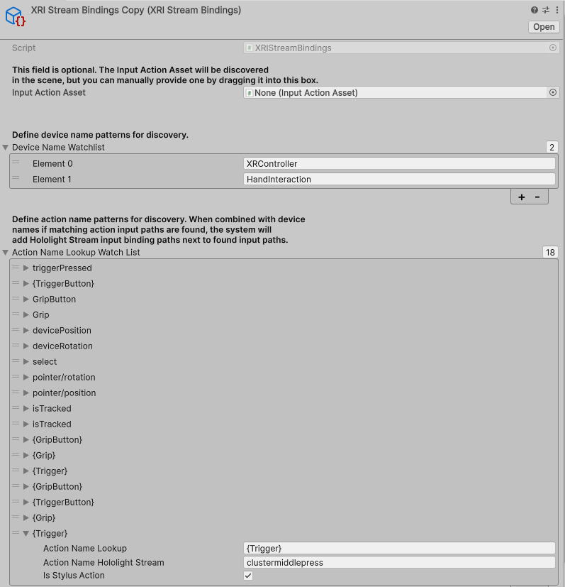 Screenshot of Unity Editor Hololight Stream XRI Interaction Toolkit actions in the inspector window."