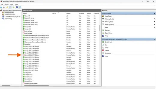 Screenshot from a Windows desktop computer, with the Windows Defender Firewall advanced settings window open as well as the inbound rules side panel.